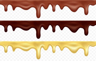 Melted chocolate is flowing and dripping. Collection of templates of black, milk and white chocolate. Seamless pattern isolated on a transparent background. vector mockup