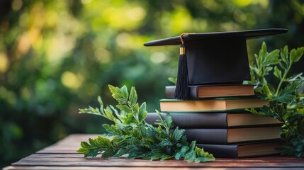 Graduation cap on books with greenery.