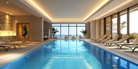 grey and cream indoor hotel swimming pool design with clear water and elegant beach chairs 
