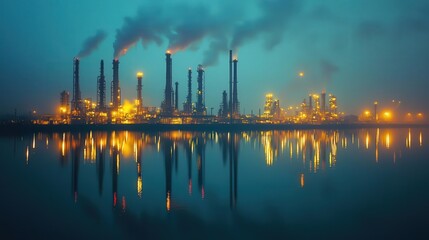 Industrial skyline with smokestacks at dusk