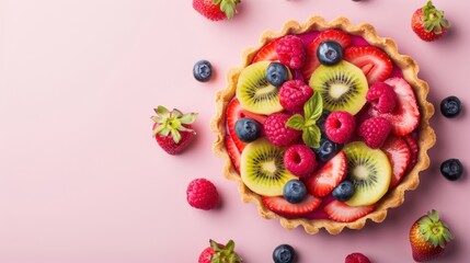 Colorful Fruit Tart with Fresh Berries and Kiwi Slices