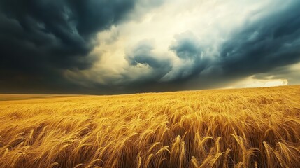 Wheat field under dramatic stormy clouds