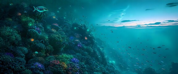 Fototapeta premium Vibrant Coral Reef Underwater Scene with Diverse Fish