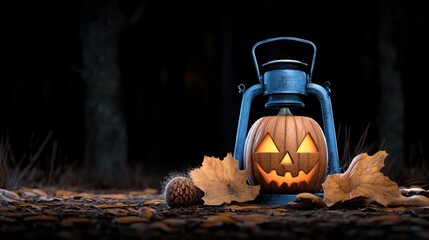 Carved pumpkin with lantern, autumn leaves on dark forest background.