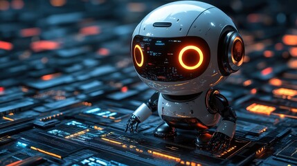 Fototapeta premium A whimsical robot with glowing eyes stands on a futuristic surface, showcasing a blend of technology and charm in a cybernetic landscape.