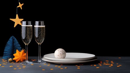 Champagne glasses with festive decor on a black background.