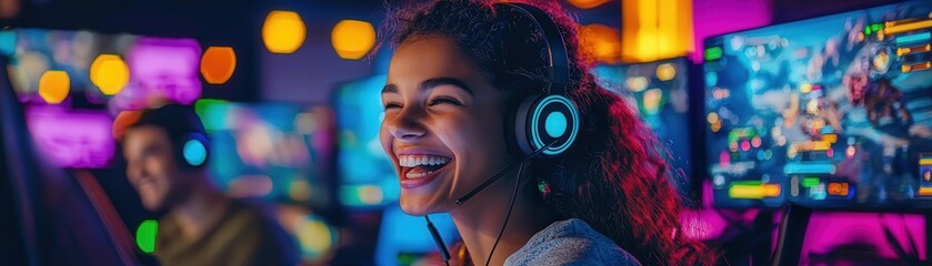 Person gaming with headset, colorful background