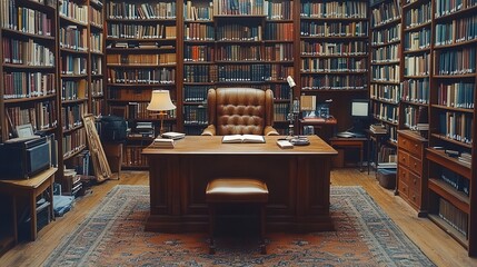 inviting workplace featuring a notebook on the desk amidst bookshelves in a library radiating warmth and the promise of knowledge and inspiration