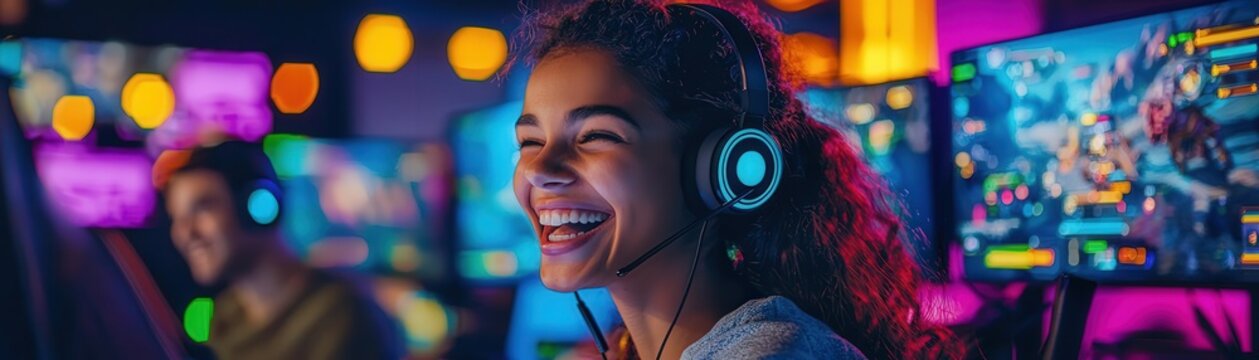 Person gaming with headset, colorful background
