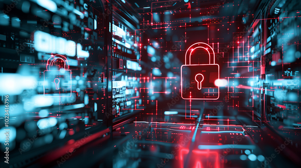 Poster data security breach digital system hacked internet cyber attack alert concept with virtual display 