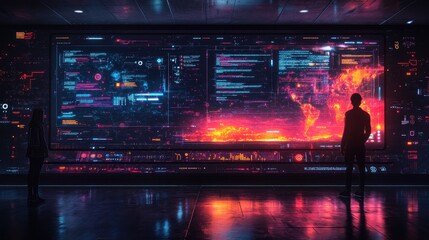 A futuristic scene showing a figure gazing at a vibrant, digital display filled with data and visuals, reflecting a high-tech environment.