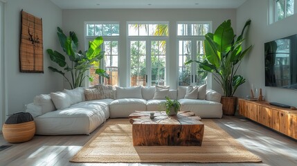 inviting comfortable living room with a large sectional sofa natural wood accents and vibrant indoor plants creating a warm and relaxing atmosphere for gatherings