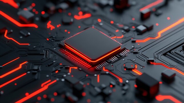Close-up of a black circuit board with a glowing red microchip center.