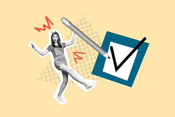 Composite photo collage of astonished girl hold big pencil draw checkmark symbol approval...