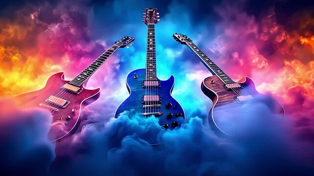 Guitar in cloud colorful dust. Created with generative AI.