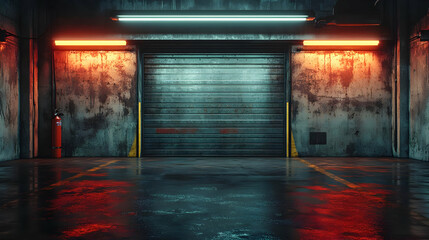 Industrial Garage Door with Neon Lights 3D Illustration