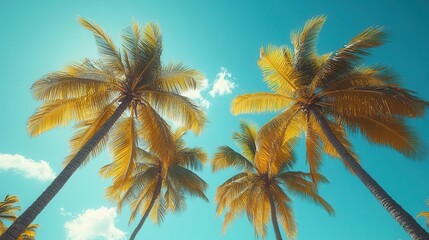 isolated coconut palm trees against a bright blue sky their fronds swaying gently in the breeze evoking a tropical paradise vibe with a sense of relaxation and warmth