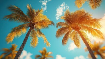 isolated coconut palm trees against a bright blue sky their fronds swaying gently in the breeze evoking a tropical paradise vibe with a sense of relaxation and warmth