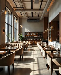 Modern Empty Café with Wooden Flooring and Artwork, Natural Light Streaming In