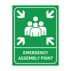 Emergency evacuation assembly point sign bundle, safety gathering point signboard, vector illustration.