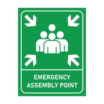 Emergency evacuation assembly point sign bundle, safety gathering point signboard, vector illustration.