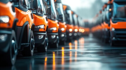 A row of orange vehicles parked on a wet surface, reflecting light in a misty environment.