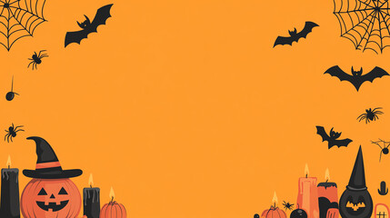 Spooky Halloween scene featuring pumpkins, bats, spiders, and cobwebs against a vibrant orange background. Perfect for festive decorations and party invitations.
