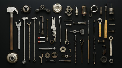 knolling A meticulously arranged set of tools, including wrenches, pliers, and screws, displayed on a dark black background, evoking an atmosphere of professionalism and craftsmanship.
