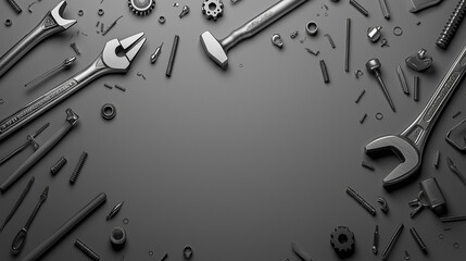 A grey advanced backdrop highlights a variety of tools for different types of work, creating a sense of readiness and functionality in a well-equipped workspace.wrenches, pliers, and screws, blank for