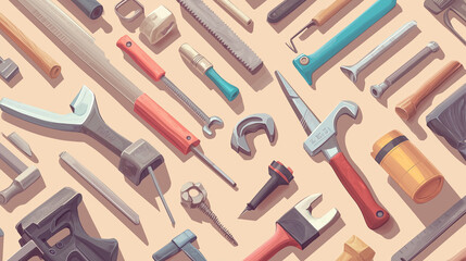 knolling A light pink backdrop highlights a variety of tools for different types of work, creating a sense of readiness and functionality in a well-equipped workspace.wrenches, pliers, and screws,