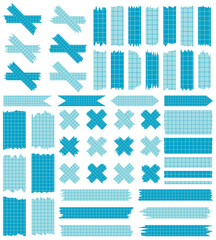 Set of paper sheets isolated on white. Pieces of decorative tape for scrapbooks. Washi tapes collection in vector. Ripped paper. Torn pieces of paper from a notebook in a cell. Blue ribbons