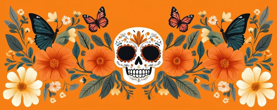 Colorful sugar skull design with vibrant flowers and butterflies, perfect for festive decorations or artistic projects.