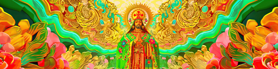 Fototapeta premium A colorful retablo painting depicting a Mexican saint, surrounded by ornate gold detailing and bright greens, reds, and yellows.
