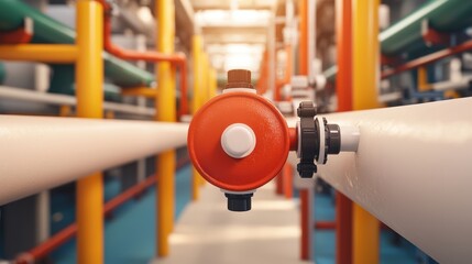 A close-up of a red valve on white pipes in an industrial setting, highlighting colorful piping and a well-lit background.