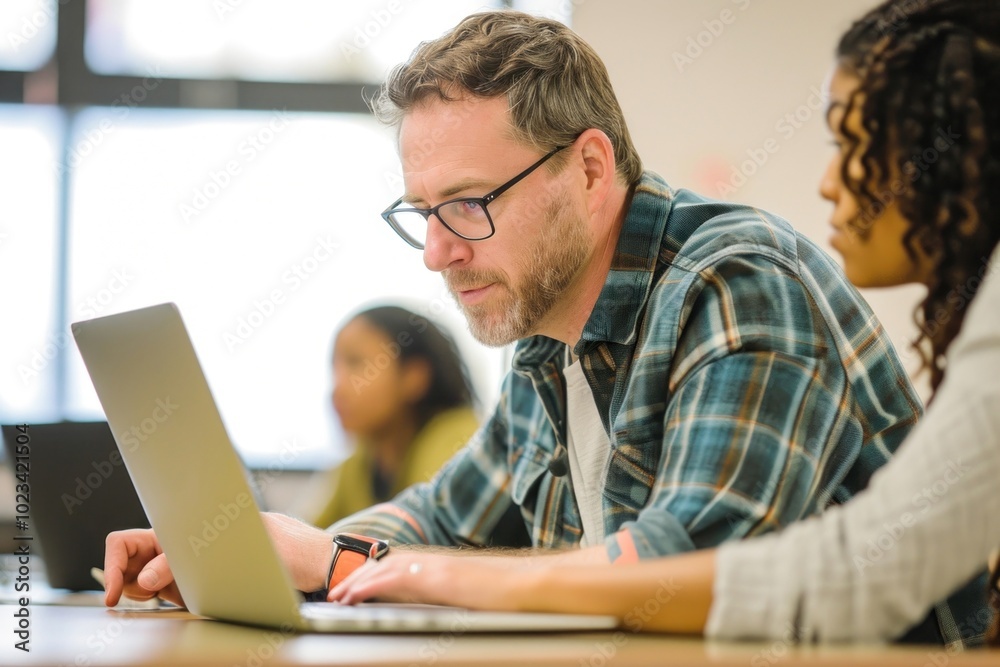 Canvas Prints Professor assisting college student laptop classroom computer.