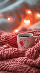 A warm mug rests on a soft blanket, surrounded by glowing lights, creating a cozy atmosphere