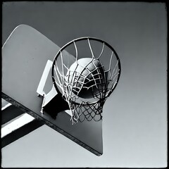 Vintage Black & White Basketball Hoop on Building Sidewall, Urban Street Game Ready