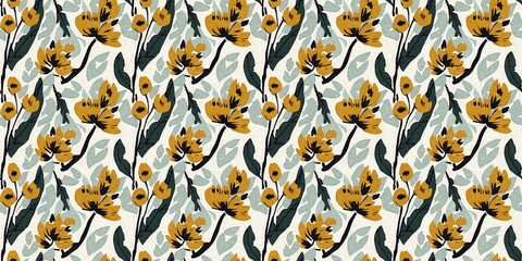 Modern printed fabric flower block print pattern with linen texture effect. Stylized boho dark floral for chic fashion background motif border design.