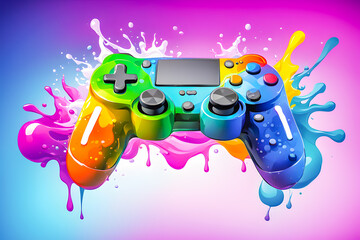 illustration of game controller and liquid splashing on the abstract background.	
