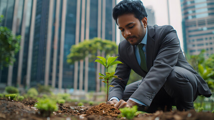 Successful businessman planting a tree in a garden near the business place in the city
