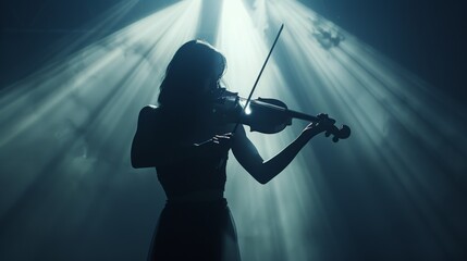 Silhouetted Violinist Performing on Darkened Stage Under Spotlight