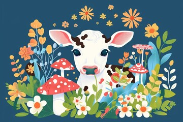 Naklejka premium Whimsical calf in a floral wonderland with mushrooms