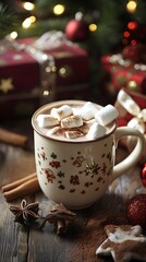 A cup of hot chocolate with marshmallows, surrounded by Christmas decorations