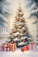 Obraz premium Beautiful snowy christmas tree with presents under falling snow watercolor illustration