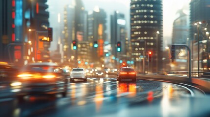 A bustling urban scene with cars and skyscrapers under rain-soaked lights.