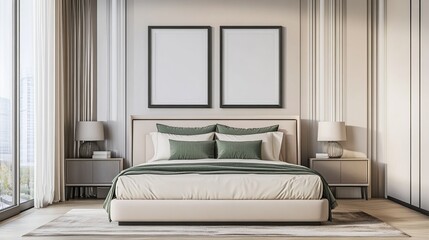 Elegant Modern Bedroom Interior with Neutral Tones, Luxurious Bedding, Minimalist Design, Cozy and Stylish Space, Generated AI