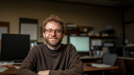 Fototapeta premium A man wearing glasses and a brown sweater is smiling at the camera