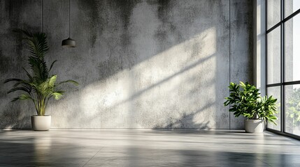 Minimalist Room with Concrete Wall, Plants, and Window