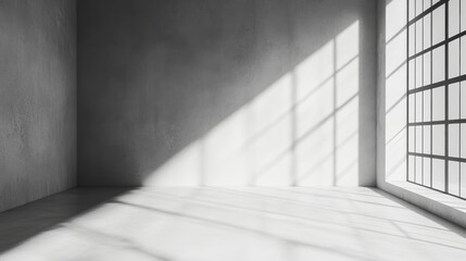 abstract. minimalistic background for product presentation. walls in  large empty room greyish white. can full of sunlight. Loft wall or minimalist wall. Shadow, light from windows to plaster wall.