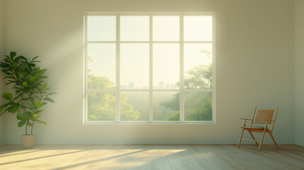 A large window in a room with a chair in front of it